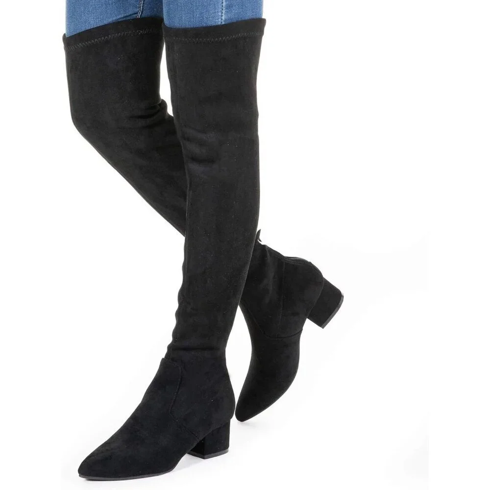 Women Black 2 Inch Over the Knee Thigh High Suede Block Long Pointed toe Boots